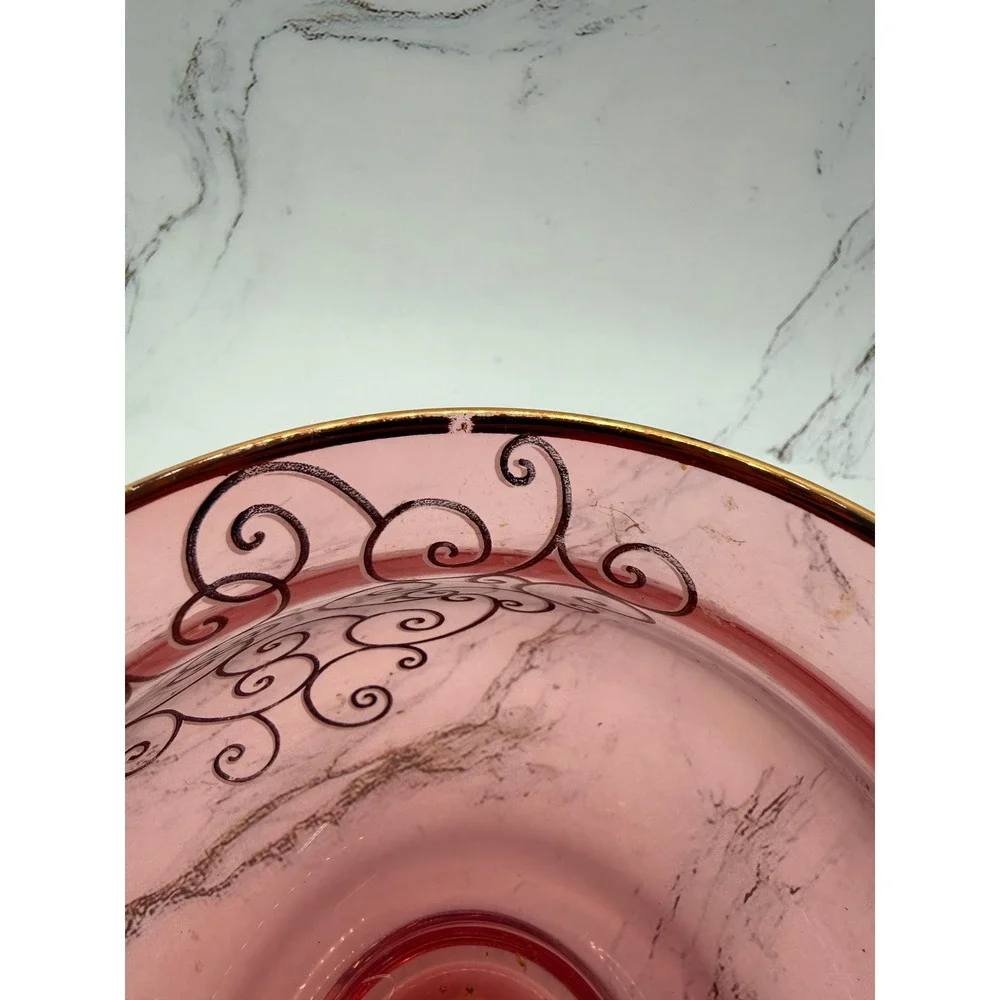 Vintage Cranberry Glass Rose Bowl Vase Gold Scroll Filigree Gilt Rim Pink 5in